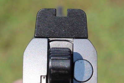 The flat black rear sight above the stainless of the slide.