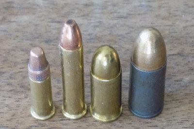 The .22 Magnum compared to .22 LR (left), and .380 and 9mm (right).