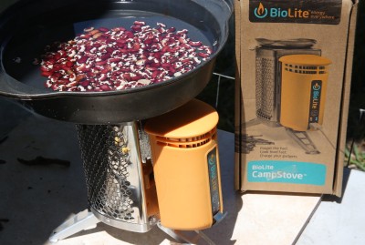 This is the Biolite Campstove cooking a pan of beans. I let the flame go for a while because I hadn't charged the battery beforehand as instructed.  It didn't matter. When I plugged the phone in to charge it a few minutes later it immediately started charging. 