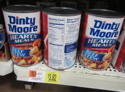 Dinty Moore beef stew? 900 calories per $3.82 can. That is 235 calories per dollar. 