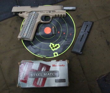 Colt M45A1 Close Quarters Battle Pistol (CQBP) - Review & Range Report Never question your shooting until you shoot Hornady ammo. This Steel Match is intentionally underpowered for competition, but it is scary accurate. This is a 6 shot group.