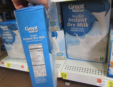There are 6,400 calories in this $16.98 Instant Dry Milk package.  That is 377 calories per dollar. 