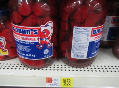 Most Walmarts have this jar of pickled sausage. It is a total of 4,760 calories,  This is still double the "high calorie per dollar" survival food at 497 calories per dollar. 