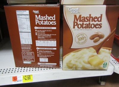 Instant mashed potatoes keep forever with oxygen absorbers. This box has 2,720 calories, which works out to 1,014 calories per dollar. 