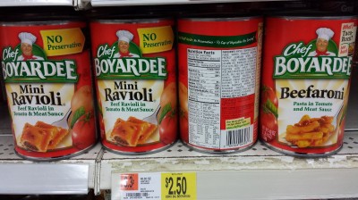Name brand mini-ravioli has 1,125 calories per $2.50 can.  That is 450 calories per dollar. 