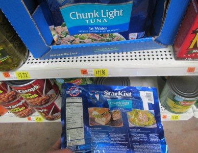 These large packages of Tuna at Walmart have 1,320 calories each. That works out to 110 calories per dollar, which is comparable to some high priced survival food. 