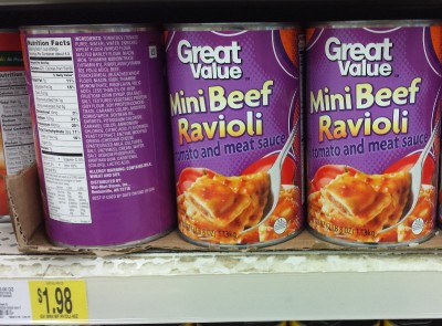 These big cans of beef ravioli have 990 calories. That works out to 500 calories per dollar. 