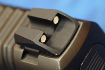 The rear sight is protected by the sight's inset design. 