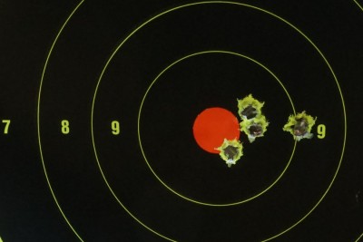 Five shots from 25 yards. Shooting the heavy pistol without the brace isn't impossible, but it can be awkward. 