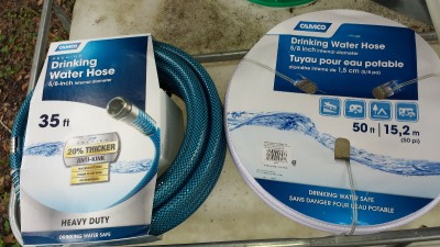 Note that you should not use a regular garden hose for drinking water. The rubber releases poisonous compounds. Look for white and blue RV water hose at Walmart and Home Depot. 