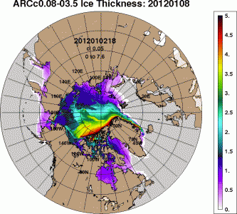 If you have any doubts that the planet is warming at a rapid pace, take a look at this arctic ice thickness chart from January of 2012, which is about 5 years ago. 