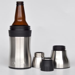 The Orca rocket is double-walled and vacuum sealed. The base houses a twist top key and bottle opener. The top two components fit together to create a drink base in can mode.
