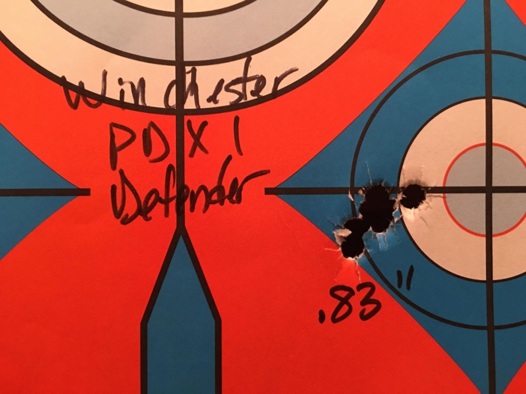 I got consistent groups with all ammunition tested, but this five-shot group of Winchester PDX1 Defender was the tightest of the day.