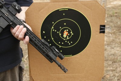 Topped with a Aimpoint T1, the rifle did very well at ranges out to 100 yards.