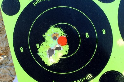Single Action, 5 shots. 7 yards. I hate those pesky red dots. 
