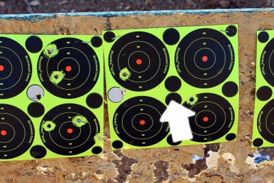 10 from 25 yards. 9 shots were aimed at the center dot. I adjusted point of aim for the 10th, and put it less than an inch from my intended target.