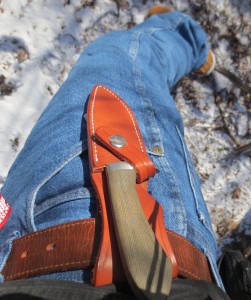 A view on the belt. It's light-weight, doesn't drag down your pants at all. 