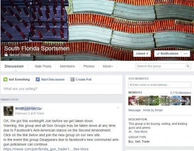 I am a member of what is now the South Florida Sportsmen board, but the URL is still SouthFloridaGunTraders, and it still says "This group is for buying and selling guns and ammo." Like Facebook doesn't know that guns are still being listed for sale. If you click to make it bigger, you'll see that the board is now "Secret," which means that the natural churn on Facebook will eventually kill it.  But the bigger picture is that posting guns for sale in a certain town with your real name was really risky to begin with. GunsAmerica has been wrestling with Free Local for years, and it is the best thing for everyone, now completely FREE to all. 