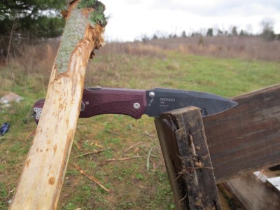 Batoning into a wooden pallet.  The wood was a little wet on the corners.  