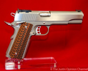 The author chose to finish the gun in dull stainless (blasted) with polished slide flats. If you look closely, you might notice the personalization on the dust cover.