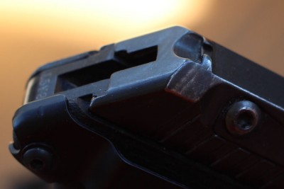 Finish wear on the edge of the rear sight.