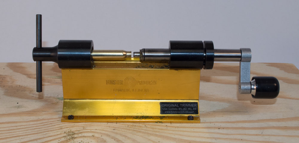 A hand-operated case trimmer like this Forster model will get you started with bottleneck rifle cartridges.