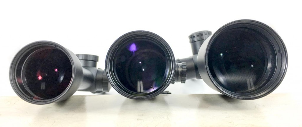 Different objective lens sizes should be compatible with magnification of the scope. Left to right: Burris Fullfield II 3-9x40mm, Burris XTR 2-10x42mm, and Burris Veracity 4-20x50mm.
