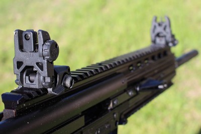 Magpul MBUS Irons and a very AR-15 like sight radius.