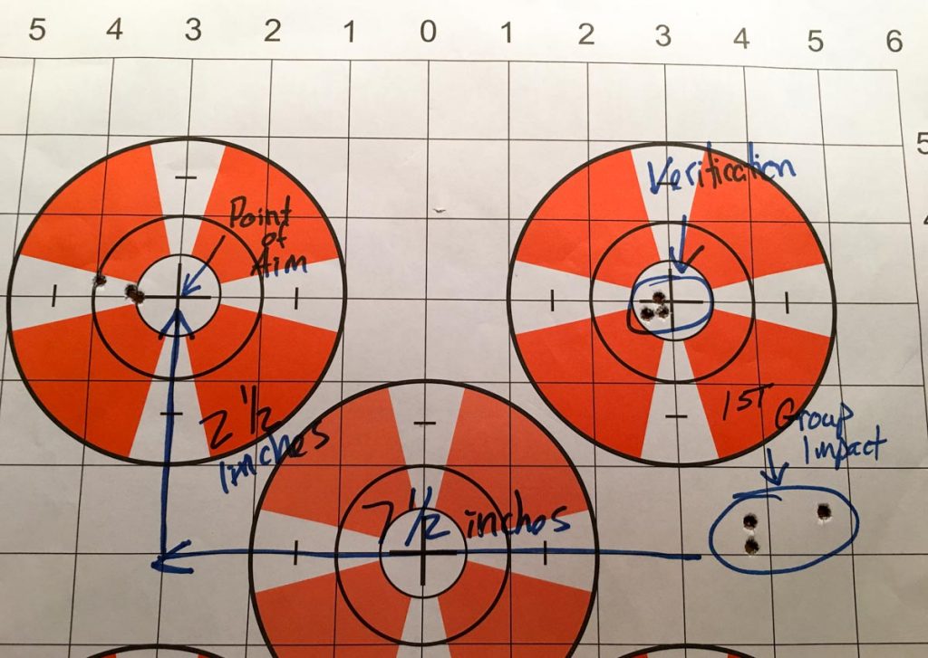After adjustments, the group landed only 1/2-inch left of the point of aim - note upper left target. 