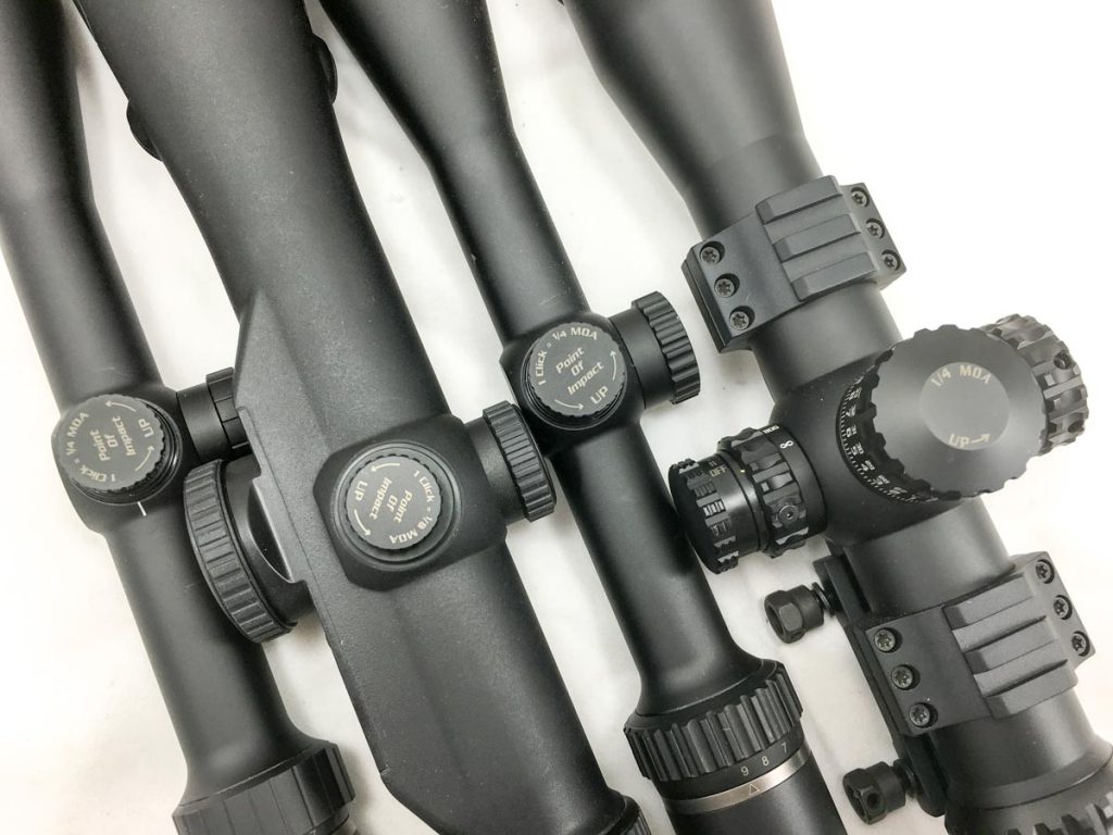 Most scopes use 1/4 MOA (or 1/4-inch at 100 yard) click adjustments, although the Eliminator III integrated laser model offers 1/8 MOA adjustment. 