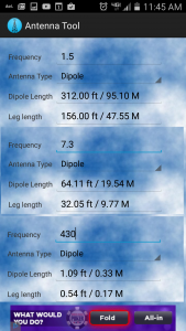 This is a phone app that will tell you the ideal length for a dipole antenna.  For a 9:1 balun with an end fed dipole, you use the total length. The leg lengths are for a center fed dipole, as seen in my other articles. 