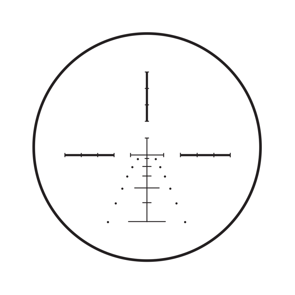 Note the "Christmas Tree" pattern on this Burris Ballistic E1 MV reticle. The dots below the crosshairs represent 10mph wind hold points at the different ranges. 