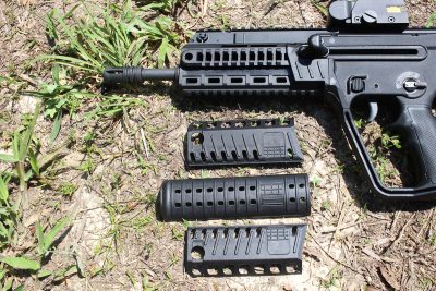 The forend can be run naked as seen here or with the rail panels. Notice the quick detach cups built in to the forend. 
