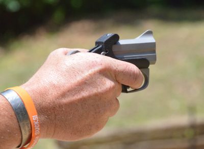 21st Century Derringer! Bond Arms Back Up .45 ACP & 9mm Defender—Full Review One-handed shooting at five yards resulted in some very good hits.