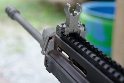 The 805 Bren S1 Carbine comes with a sturdy pair of folding iron sights. Note the heavy protective wings.