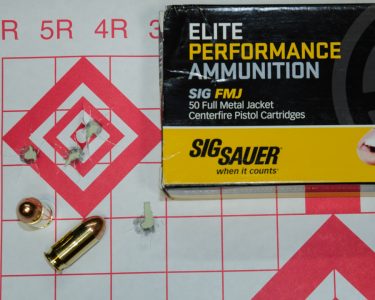 The only FMJ tested from the bag, the SIG Elite Performance did very well.