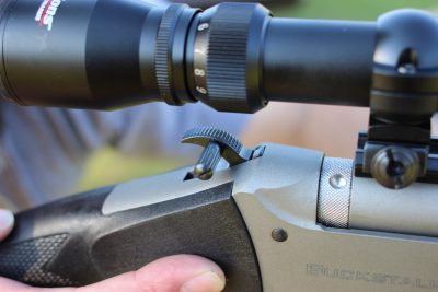 Traditions Muzzleloaders—Two Gun Review, Pursuit G4 and Buckstalker Nice tough with the extended hammer spur for getting around the optic.