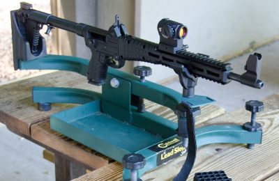 The author set up at the range for testing with the Kel-Tec SUB-2000 GenII from the bench.