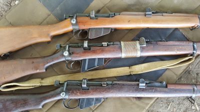 These are my three Lee Enfield rifles. They are also known as the SMLE, and this specific configuration is called the Mk III, or No. 1 Mk III.