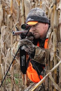 Deer will walk the rows of standing corn where available. Hunters can use the tall stalks as a natural blind to get close and intercept whitetails.