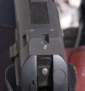 The rear sight of the pistol had a ledge and single tritium dot.