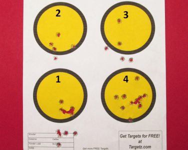 Following the sight adjustment instructions in the manual, the author moved the point of impact from target 1 to final adjustment on target 4.