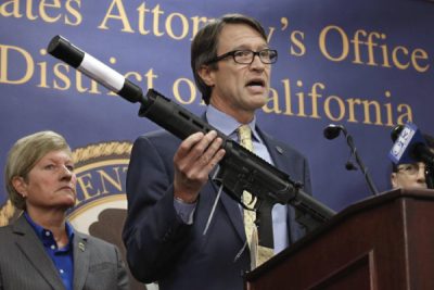  Benjamin Wagner, the United States Attorney for the Eastern District of California, displays one of the guns seized in an undercover operation, during a news conference in Sacramento, Calif., on Oct. 15, 2015. Wagner announced a federal grand jury indicted 8 men on a variety of firearm charges including the manufacturing and dealing in firearms without a license. At left is Jill A. Snyder, Special Agent in Charge for the Bureau of Alcohol, Tobacco, Firearms and Explosives. (Associated Press) 
