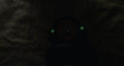 Dead Ringer’s Snake Eyes Pistol Sights -- Installation and Review This is how the sights would appear in total darkness. You can see the orange ring disappears, but the tritium dots glow brightly.