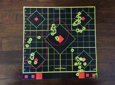 When I placed the front sight directly in the middle of the rear circle, my shots tended to hit high. (Distance: Seven yards). 