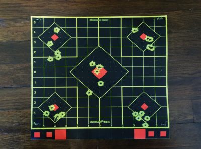 After adjusting for horizontal accuracy, I began to get more acclimated to the sights. But it was still tough to get much consistency. (Distance: Seven yards). 