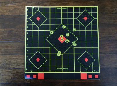 Dead Ringer’s Snake Eyes Pistol Sights -- Installation and Review Here’s my target from 15 yards. I tended to shoot one high, one low, one high, one low, etc.