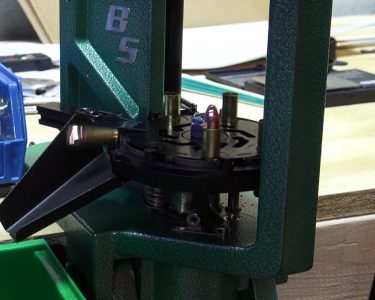 RCBS Pro-Chucker 7: Part 1 – Setup and First Operation The first round of 9mm falls from the shell plate.