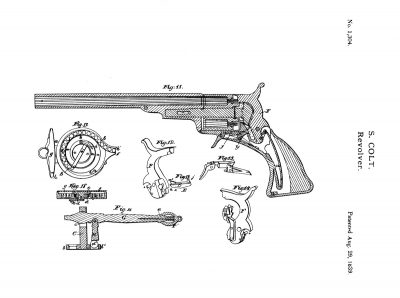 Samuel Colt’s patent drawing for the No. 5 Holster Model is dated August 29, 1839. However, this is one of two pages detailing changes to accessories for the No. 5 Models, which had been in production since 1838. This patent drawing details the Paterson capper and combination tool. The gun illustration shows 10 moving parts in the Paterson Colt revolver. Colt simplified this to only six by the time the Walker Colt was built in 1847. (Dennis Levett collection).
