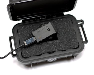 The MantisX arrives packaged in Pelican branded case with fitted foam insert. A micro-USB charging cable is provided for recharging the MantisX between practice sessions.